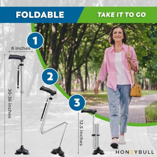HONEYBULL Walking Cane for Men & Women, Foldable Free Standing Cane - color: Silver