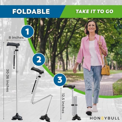 HONEYBULL Walking Cane for Men & Women, Foldable Free Standing Cane - color: Silver