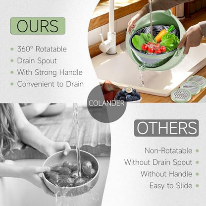 4-1 Strainer with Bowl & Spoons Set - Strainers and Colanders - Colanders for kitchen(Patented) - Pasta Strainer with Upgraded Graters & Spoons for Fruit Veggie Kitchen Essentials, Green - color: Green