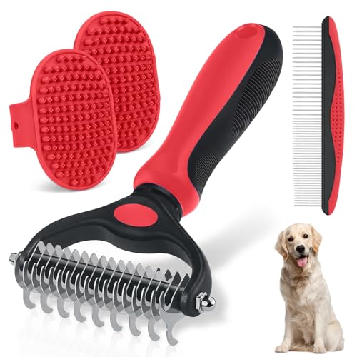 Dog Brush for Shedding, Metal Comb and Dog Bath Brush - color: Red