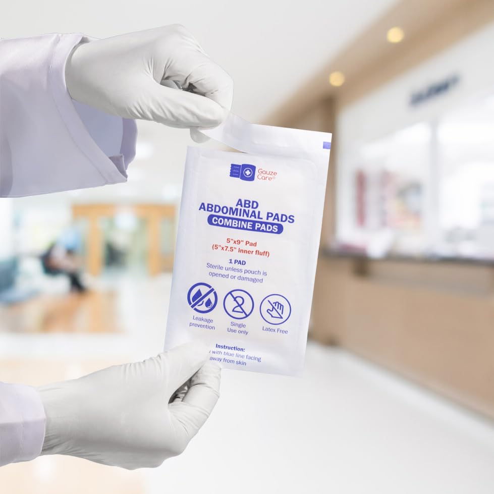GauzeCare Sterile Abdominal- ABD Combine Pads| 50-Pack, 5 x 9 Inches| Extra Absorbent & Thick, Individually Wrapped Wound Dressing, First Aid Pads| Surgical-Grade, Nonstick- for Heavy Leakage, Post Op - size: 5"x9" (50 Pads)