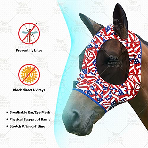Harrison Howard Super Comfort Stretchy Fly Mask Large Eye Space with UV Protection Soft on Skin with Breathability Flag Grid M - color: Flag Grid, size: Cob (Medium)