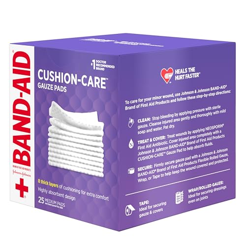BAND-AID Brand Cushion-Care Gauze Pads, Medium Size, 3 in x 3 in, 25 Count | Absorbent Dressing Pads Non-Adhesive Comfortable Protection & Wound Care of Minor Cuts, Scrapes & Burns, For First Aid Kits - size: 3x3 Inch (Pack of 25)