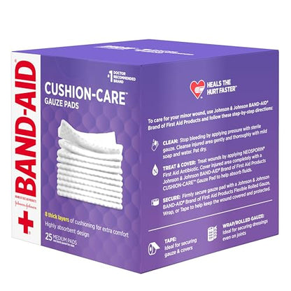 BAND-AID Brand Cushion-Care Gauze Pads, Medium Size, 3 in x 3 in, 25 Count | Absorbent Dressing Pads Non-Adhesive Comfortable Protection & Wound Care of Minor Cuts, Scrapes & Burns, For First Aid Kits - size: 3x3 Inch (Pack of 25)