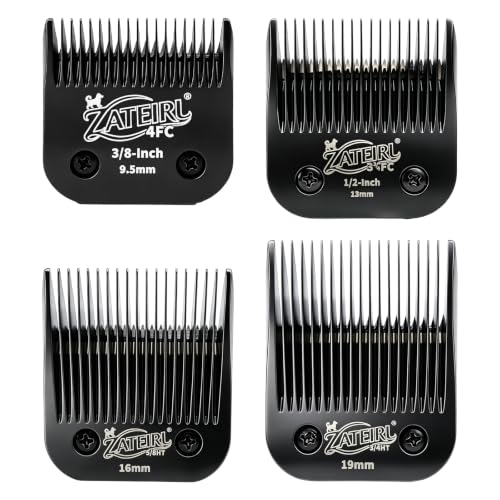 4 Pack Long Cut Pet Grooming Clipper Blades with Steel Cutters, Sizes 4FC, 3-3/4FC, 5/8HT & 3/4HT, Black, Compatible with Andis, Oster A5, Wahl KM10 A5 Style Dog Clippers - color: Black, size: 4FC + 3-3/4FC + 5/8HT + 3/4HT