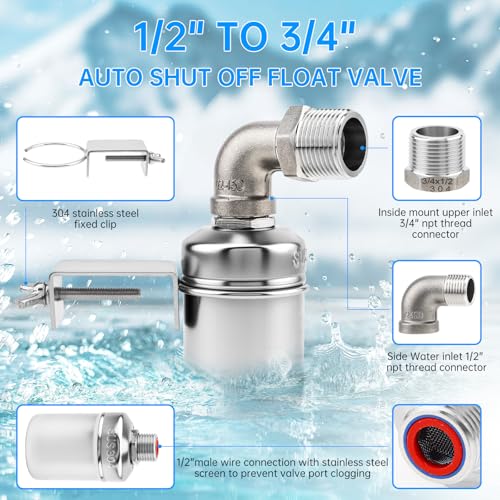 Water Float Valve, 1/2inch to 3/4inch 304 Stainless Steel Auto Fill Shut Off Float Valves Fully Automatic Water Level Control - style: Style 4