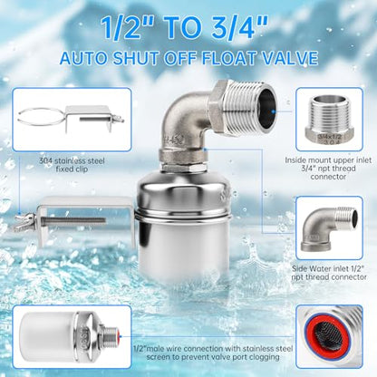 Water Float Valve, 1/2inch to 3/4inch 304 Stainless Steel Auto Fill Shut Off Float Valves Fully Automatic Water Level Control - style: Style 4