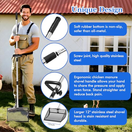 Chicken Poop Scooper Rake 2-in-1,304 Stainless Steel Shovel Head, Chicken Litter Scoop with Handle for Chicken Coop for Sand, Pet Waste Cleaning, Litter Sifting Shovel (35 to 65") (Black, 12inch) - color: Black