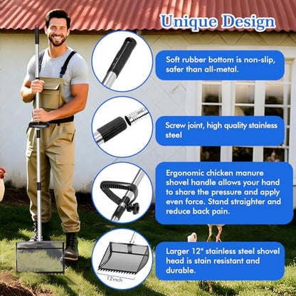 Chicken Poop Scooper Rake 2-in-1,304 Stainless Steel Shovel Head, Chicken Litter Scoop with Handle for Chicken Coop for Sand, Pet Waste Cleaning, Litter Sifting Shovel (35 to 65") (Black, 12inch) - color: Black