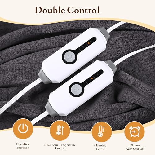 Electric Heated Blanket 84"×90" Queen Size, Plush-Soft Cozy for Bed, Office, Apartment, 4 Heating Levels & 10H Auto-Off, Dual Controller, Full Body Warmth, Energy Efficient - Dark Gray - color: 01-dark Gray, size: Queen Size (84"x90")