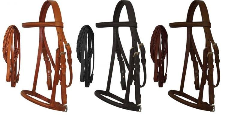 Cobb Size English Headstall w/Raised Browband & Braided Leather Reins - color: Light