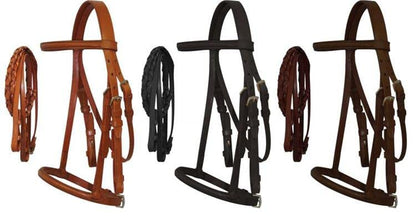 Cobb Size English Headstall w/Raised Browband & Braided Leather Reins - color: Light