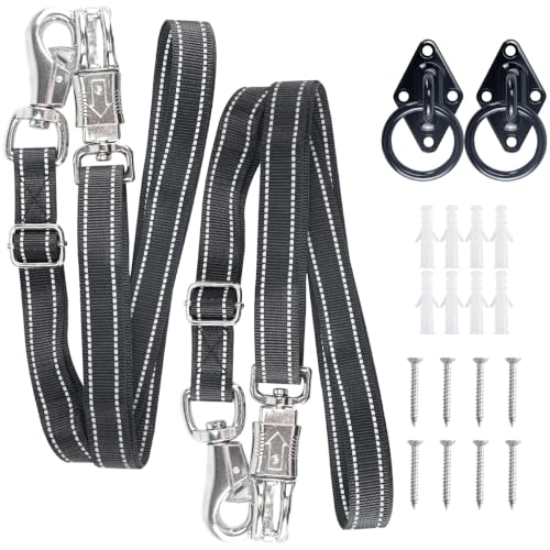 Duty Cross Ties for Horses, Heavy Nylon Cross-Tie Set Adjustable Nylon Horse Trailer Ties with Panic Snap and Bull Snap (45"-79"), Set with 2 Pack Tie Rings & 8 Matching Screws (Black)