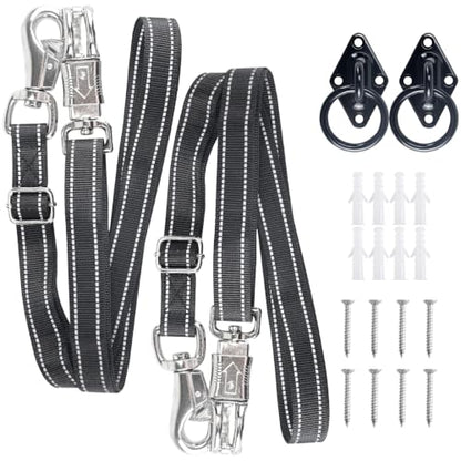 Duty Cross Ties for Horses, Heavy Nylon Cross-Tie Set Adjustable Nylon Horse Trailer Ties with Panic Snap and Bull Snap (45"-79"), Set with 2 Pack Tie Rings & 8 Matching Screws (Black)