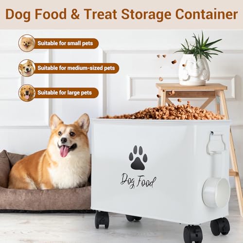 Dog Food Container 13lb, Cute Airtight Pet Food Storage Containers with Metal Lid Scoop, Black Metal Storage Bin for Dog/Cat with Wheels,Easy to Move White - color: White-L