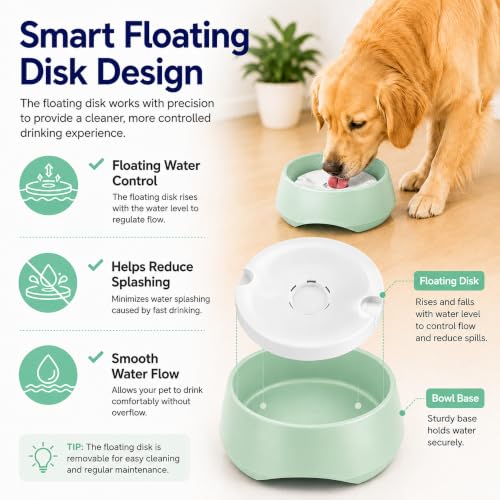 Green No Spill Dog Water Bowl, Pet Floating Water Bowl No Wet Mouth, Anti Splash & Anti Tip Slow Water Feeder, Keeps Fur Dry Clean Drinking Bowl for Dogs & Cats, Large Capacity Travel Friendly - color: Green, White