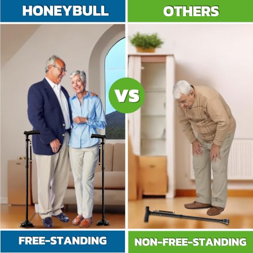 HONEYBULL Walking Cane for Men & Women, Foldable Free Standing Cane - color: Black