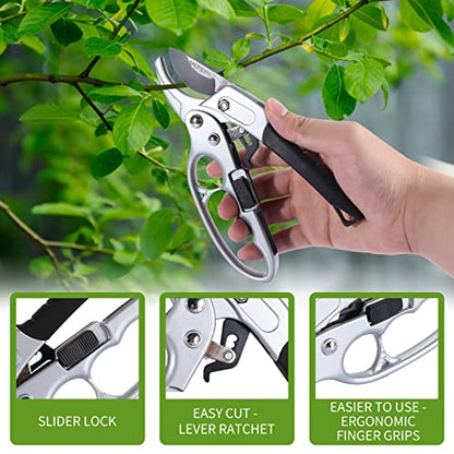 Germany Pruning Shears For Gardening, Arthritis Weak Hand Snips, 4x cutting power trimming, 1-Inch Cut Capacity Garden Clippers, Ergonomic handle, Rust resistant, high strength steel, Sharp - style: Black