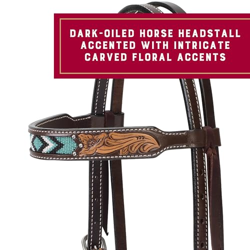 Weaver Equine Turquoise Diamond Beaded Horse Headstall, Leather Headstalls for Horses for Trail Riding, Durable Equine Supplies, Dark Oil