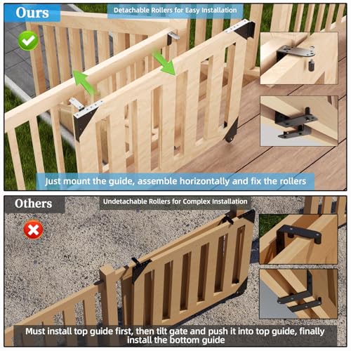 Sliding Gate Hardware Kit, Heavy Duty Fence Gate Kit with Roll Wheels, Universal Fit for 1" to 2" Thick Wood Fence Gates, Anti-Sag Corner Frame Brackets, Smooth Rolling, Easy DIY Installation