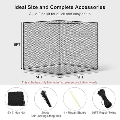 5×5 FT Round Bale Hay Net Slow Feeder for Horses, 1.7" Hole Feeder Net - style: 5*5Ft(Black)