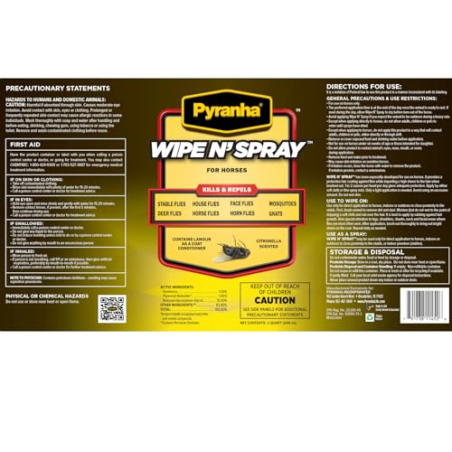 PYRANHA Wipe N' Spray for Horses - Oil-Based Long Lasting Fly Control Repels Horn, Deer, Horse, House, Stable, & Face Flies, Ticks, Mites, Mosquitoes, Gnats & Lice, 1 Quart - size: 1 Quart