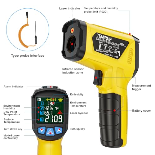 Infrared Thermometer Temperature Gun, -58°F to 1472°F, Digital Laser Thermometer Gun with Probe for Cooking, Pizza Oven, Grill & Engine, IR Thermometer Temp Gun with Adjustable Emissivity & Humidity - color: Yellow -58°F - 1472°F(-50-800℃)