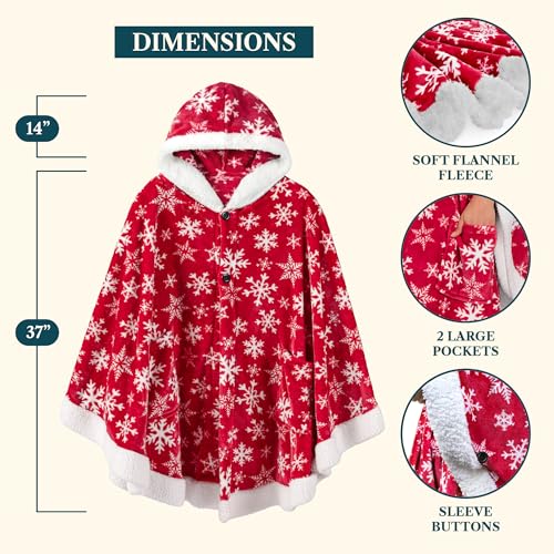 PAVILIA Hooded Blanket Poncho, Fleece Wearable Shawl Wrap, Snowflake Red | Fleece Shawl Wrap with Hood, Adult Wearable Blanket, Cozy Warm Poncho Cape Throw with Pockets, Gift for Elderly Mom - color: Snowflake Red