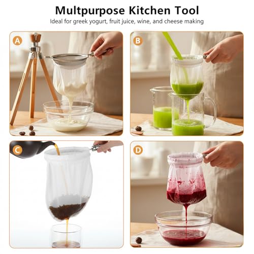 Ultra Fine Mesh Strainer Bags with Stainless Steel Handle, 3 Pcs Reusable Nut Milk Bag Strainer, Juice Strainers Mesh Filter Bags Cheese Cloth Bag for Straining Nutmilk, Coffee, Tea, Yogurt (Small)