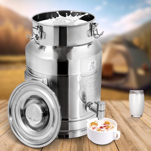 Stainless Steel Milk Can,Old Fashion Milk Jug,Milk Pail Tote Jug with Independent Embedded Silicone Sealed Lid Heavy Duty for Storing Liquid Products Such as Oil Milk Coffee Wine Tea and Honey (15L) - size: 15L