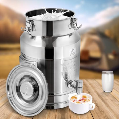 Stainless Steel Milk Can,Old Fashion Milk Jug,Milk Pail Tote Jug with Independent Embedded Silicone Sealed Lid Heavy Duty for Storing Liquid Products Such as Oil Milk Coffee Wine Tea and Honey (15L) - size: 15L