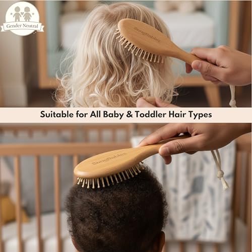 Baby Hair Brush & Comb Set for Newborns - Gentle Goat-Hair & Bamboo Bristle Hairbrushes with Easy Grip Wooden Handles - 5-Pack Baby Brush Set with a Cotton Travel Pouch - Gifts for Boys & Girls - size: Premium Set (5-Piece)