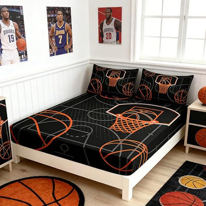 Basketball Court Full Bedding Set,1 Fitted Sheet+2 Pillowcases. - color: Black-orange, size: Full