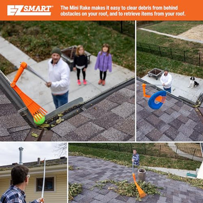 EZ Smart Mini Gutter Rake - 16 ft Pole - Clean Gutters Without a Ladder | Clears Stuck Leaves • Reaches Tough Spots • No Ladder Needed - size: Tool + 16 Foot Pole