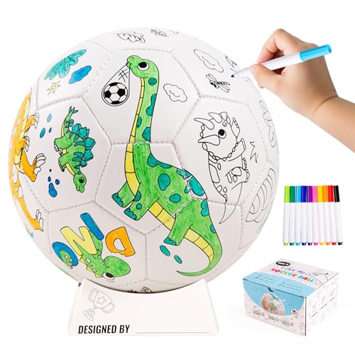 EVERICH TOY Paint Your Own Soccer Ball, Dinosaur Soccer Gift for Boys Girls | 3 4 5 6 7 8 Year Old Boy Birthday Gifts, Arts and Crafts Kit for Kids, Size 3 Sports DIY Coloring Soccer Ball with Markers - color: Dinosaur