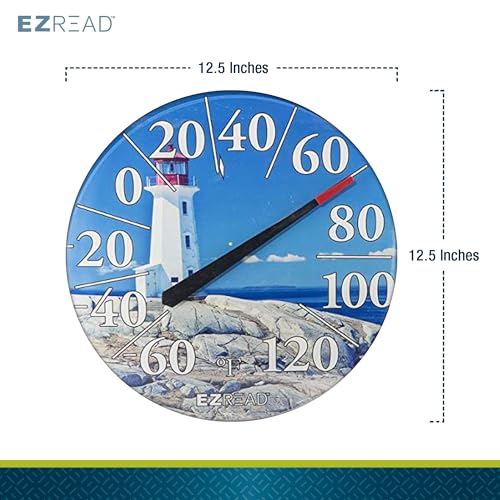 EZREAD Hanging Dial Thermometer 840-1215 Weather Thermometers for Indoor and Outdoor Use, Large 12.5 Inch Diameter, Easy to Read Numbers, Lighthouse - color: Lighthouse