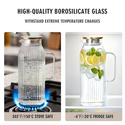GLASKEY 2.1 Liter 71oz Square Glass Pitcher with Lid, Classic Stripes Water Pitchers with Handle for Fridge, Leak Proof Juice Jug, Borosilicate Glass Carafe for Hot/Cold Brew Drink - size: 71 Ounces