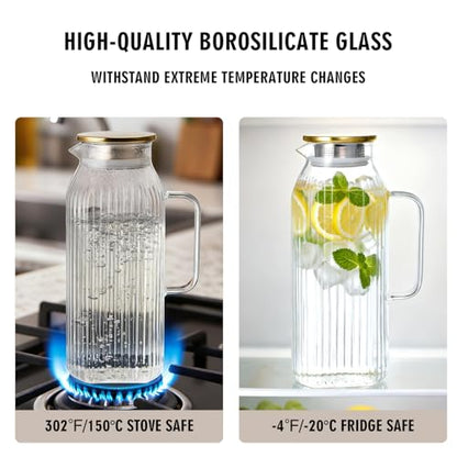 GLASKEY 2.1 Liter 71oz Square Glass Pitcher with Lid, Classic Stripes Water Pitchers with Handle for Fridge, Leak Proof Juice Jug, Borosilicate Glass Carafe for Hot/Cold Brew Drink - size: 71 Ounces