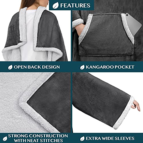 PAVILIA Sherpa Wearable Blanket with Sleeves and Pocket, Plush Thick Cozy Body Blanket Wrap for Adult Women Men, Christmas Gift for Wife Mom, Dark Grey - color: Charcoal