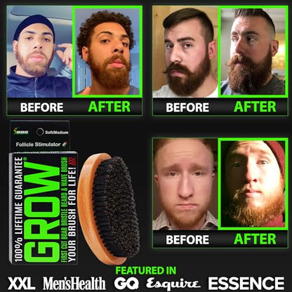 GROW Beard Brush & 360 Wave Brush for Men - Natural Boar Bristle For Fuller, Thicker Hair, Beard & Mustache - Premium Full-Size to Exfoliate, Strengthen Hair, Stimulate & Boost Growth (Pack of 2) - size: XL Brush (Pack of 2)