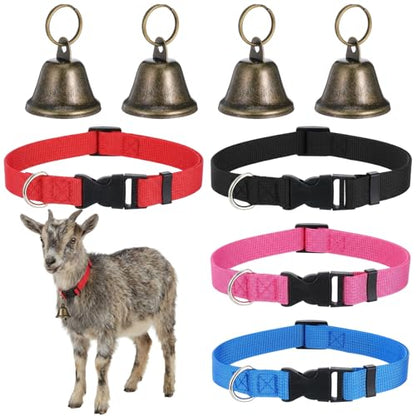 4-Pack Goat Collars with Bells, Adjustable Nylon Collar Sheep Collars Set Anti-Lost Loud Cow Bells Accessories for Small Farm Animals Pet Cows Goats