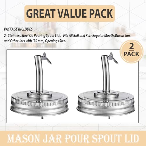 Mason Jar Pour Spout Lid for Ball Regular Mouth Mason Jars - (2 Pack) - Suitable for any liquid - Stainless Steel Open Closed Dispenser Lid for Olive Oil, Vinegar, Syrup, Milk, and Salad Dressing