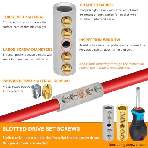 12-10 Gauge Wire Butt Connectors 10 PCS Tinned Brass Mechanical Butt Splice Connectors Kit 12-10 AWG Mechanical Repair Splice Kit Splice Screw Sleeves 10 PCS Mechanical Splices & 3:1 Heat Shrinks - color: Tinned Brass