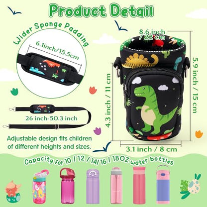 Water Bottle Carrier Bag with Strap for Kids - Water Bottle Bag Holder with Padded Strap Pocket 10/12/14/16/18Oz for Boys Girls School Walking Hiking Camping - style: Dinosaur
