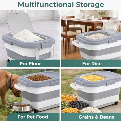 Collapsible Rice Storage Container 25–35 lbs, Airtight, Space-Saving Food Storage Bin with Wheels and Measuring Cup, Easy-Pour Grain Dispenser for Rice, Flour and Pet Food