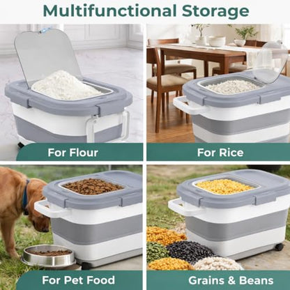 Collapsible Rice Storage Container 25–35 lbs, Airtight, Space-Saving Food Storage Bin with Wheels and Measuring Cup, Easy-Pour Grain Dispenser for Rice, Flour and Pet Food