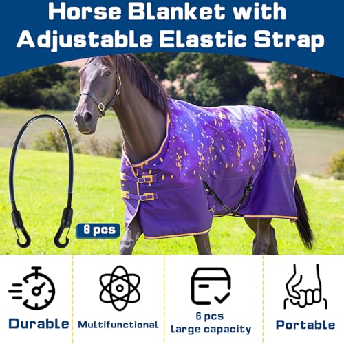 6-Pack Horse Blanket Leg Straps-Elastic Replacement Straps, Horse Supplies | with Double-Ended Quick Clips 20" Adjustable Stretchy Leg & Tail Straps, Fit for Winter Turnout Rugs & Stall Buckets (Medium)