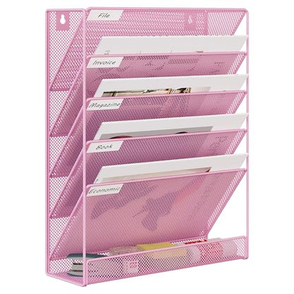 EasyPAG 5 Tier Wall File Holder, Mesh Hanging Folder Organizer with Classify Label, Versatile Desk File Holder, Vertical Wall Mounted Mail Organizer for Office Home Cubicle, Pink - color: Pink