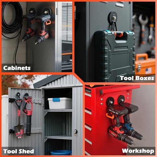 ULIBERMAGNET New Upgraded Heavy Duty Magnetic Garage Hooks,2 Pack Strong Large Magnet Hooks for Power Drill,Garden Tools,Hose,Pegboard,Garage, Workshop,Magnetic Storage Hook for Hanging(Orange) - style: V1 PRO 2.59" Medium L Orange 2PC