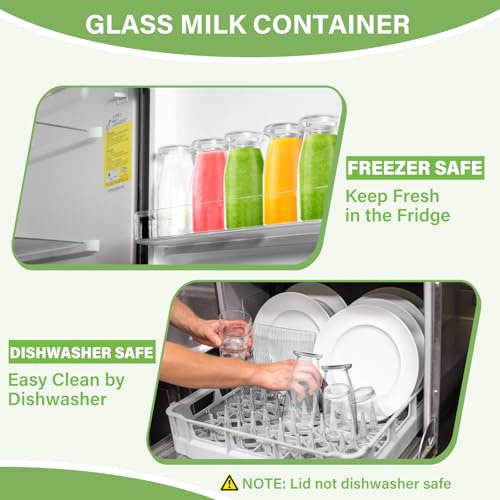 12 Pack 200ml Glass Milk Bottles with Lids - Vintage Breakfast Shake Containers Reusable Small Milk Jars, Mini Party Bottles Clear Glass Juice Bottle with 24 Labels for Parties, Weddings, Picnics
